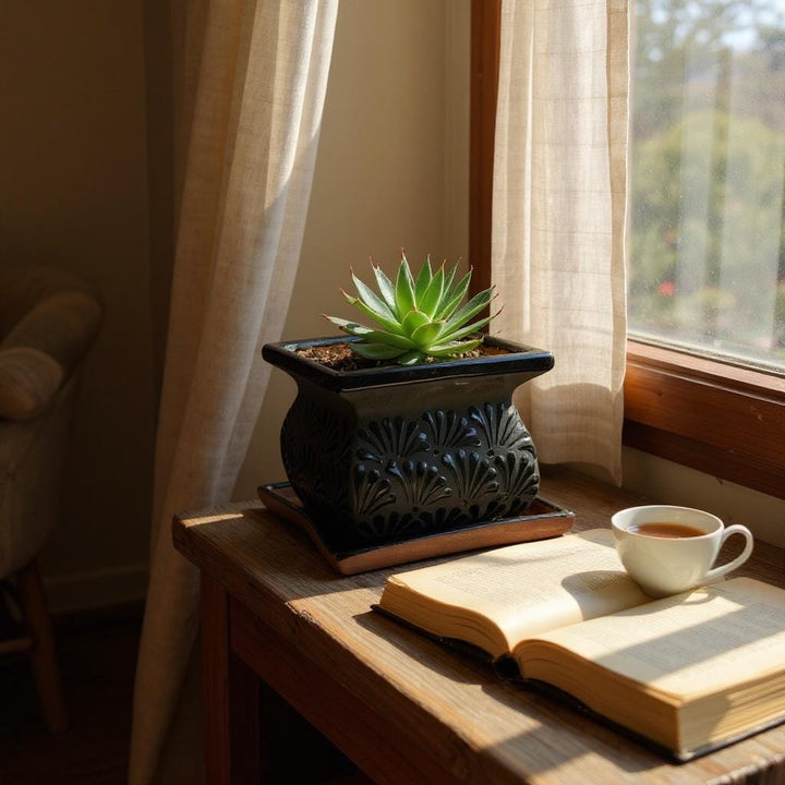 Hand Painted Mexican Black Clay and Black Square Planter Pot on Saucer (Cielito Lindo Inspired), Tabletop Medium