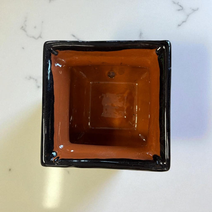 Hand Painted Mexican Black Clay and Black Square Planter Pot on Saucer (Cielito Lindo Inspired), Tabletop Small