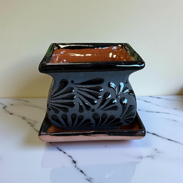 Hand Painted Mexican Black Clay and Black Square Planter Pot on Saucer (Cielito Lindo Inspired), Tabletop Small