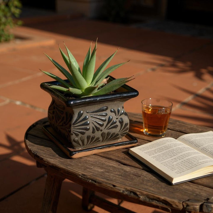 Hand Painted Mexican Black Clay and Black Square Planter Pot on Saucer (Cielito Lindo Inspired), Tabletop Small