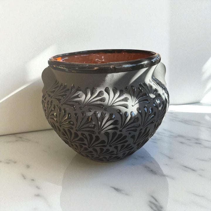 Hand Painted Mexican Black Clay and Black Planter Pot with Faux Handles (Cielito Lindo Inspired)