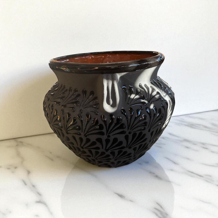 Hand Painted Mexican Black Clay and Black Planter Pot with Faux Handles (Cielito Lindo Inspired)