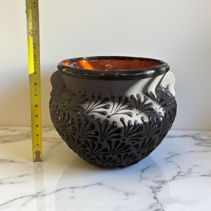 Hand Painted Mexican Black Clay and Black Planter Pot with Faux Handles (Cielito Lindo Inspired)