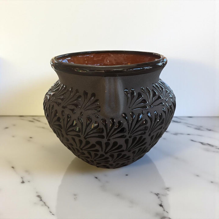 Hand Painted Mexican Black Clay and Black Planter Pot with Faux Handles (Cielito Lindo Inspired)