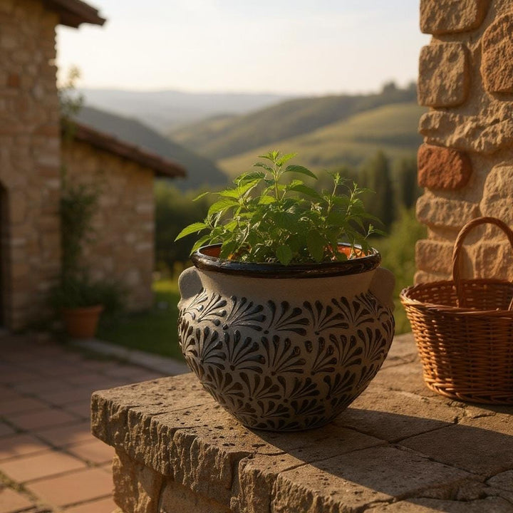 Hand Painted Mexican Black Clay and Black Planter Pot with Faux Handles (Cielito Lindo Inspired)