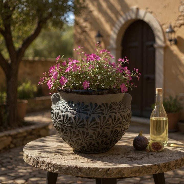 Hand Painted Mexican Black Clay and Black Planter Pot with Faux Handles (Cielito Lindo Inspired)