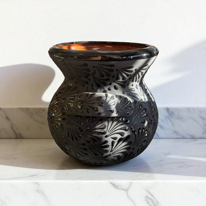 Hand Painted Mexican Black Clay and Black Planter Pot with Handles (Cielito Lindo Inspired)