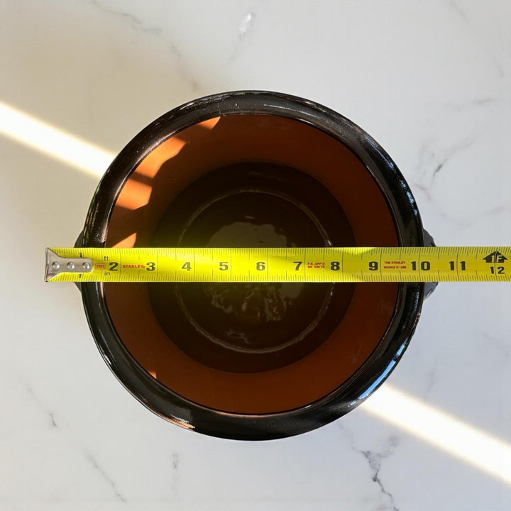 Hand Painted Mexican Black Clay and Black Planter Pot with Handles (Cielito Lindo Inspired)