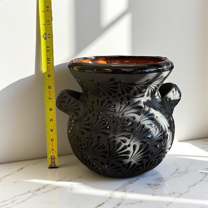 Hand Painted Mexican Black Clay and Black Planter Pot with Handles (Cielito Lindo Inspired)
