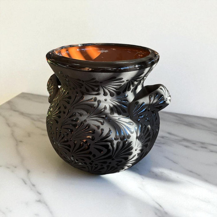 Hand Painted Mexican Black Clay and Black Planter Pot with Handles (Cielito Lindo Inspired)