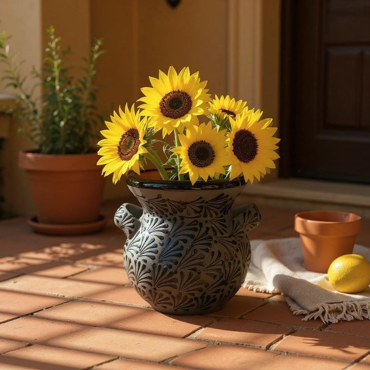 Hand Painted Mexican Black Clay and Black Planter Pot with Handles (Cielito Lindo Inspired)