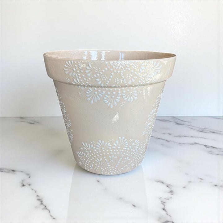 Hand Painted Mexican Talavera Planter Pot, Ivory White Mandela Design (Cielito Lindo Inspired) – Free Shipping (Contiguous U.S. Only)
