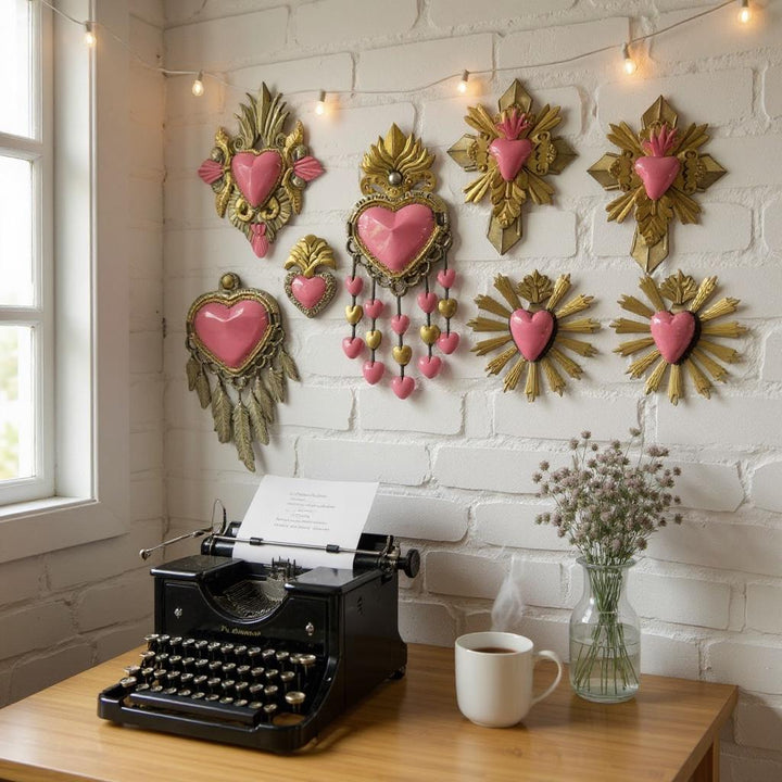 Handmade Mexican Pink Tin Hearts Wall Decor – Assorted Designs (Corazon Sagrado Inspired)