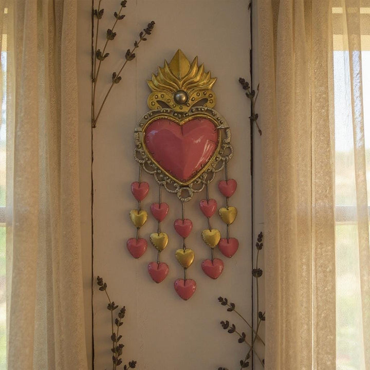 Handmade Mexican Pink Tin Hearts Wall Decor – Assorted Designs (Corazon Sagrado Inspired)