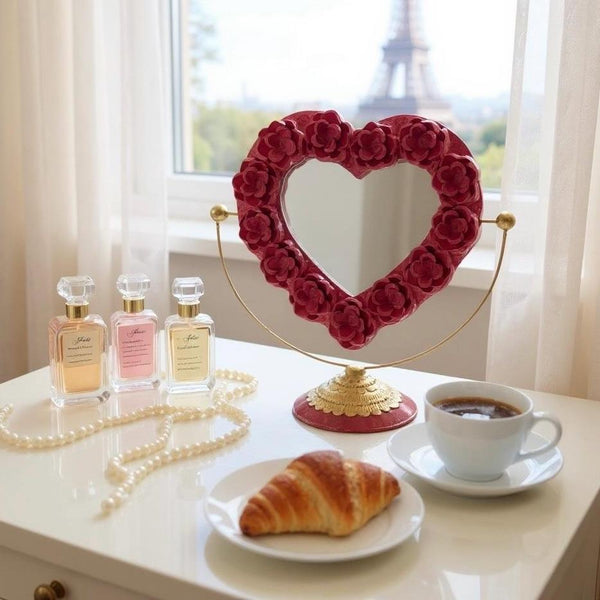 Handmade Mexican Red & Gold Tin Heart Rose Standing Mirror