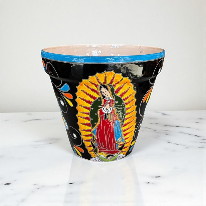 Hand Painted Mexican Talavera Planter Pot, Black Floral Virgin de Guadalupe – Free Shipping (Contiguous U.S. Only)