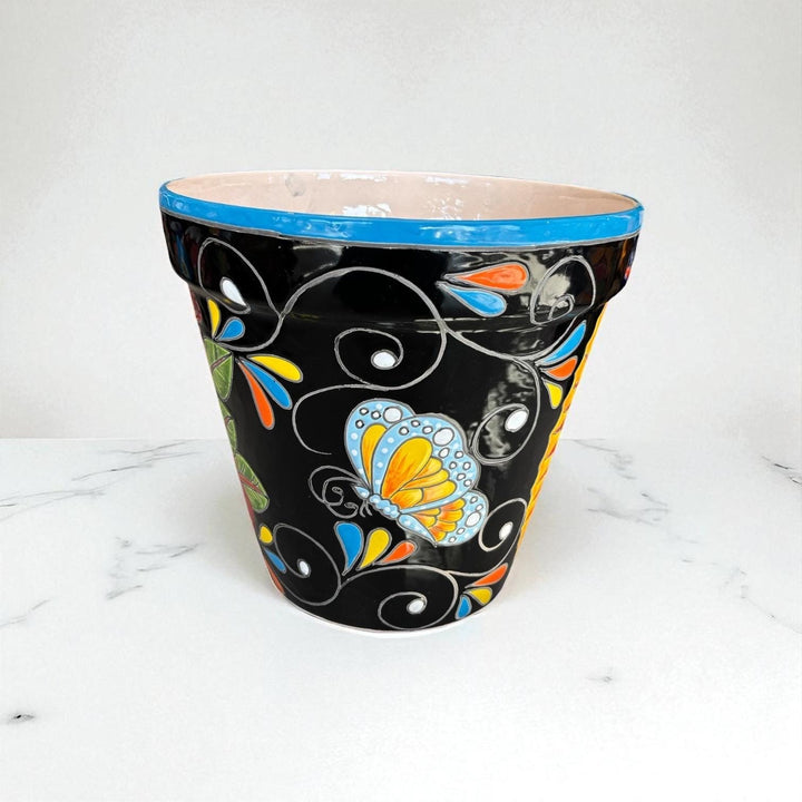 Hand Painted Mexican Talavera Planter Pot, Black Floral Virgin de Guadalupe – Free Shipping (Contiguous U.S. Only)