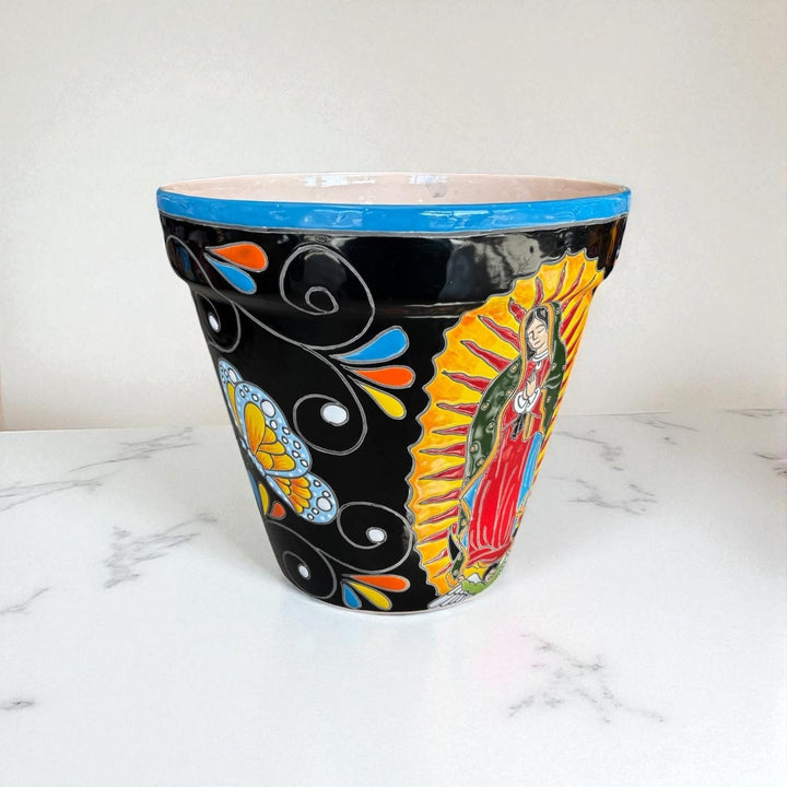 Hand Painted Mexican Talavera Planter Pot, Black Floral Virgin de Guadalupe – Free Shipping (Contiguous U.S. Only)
