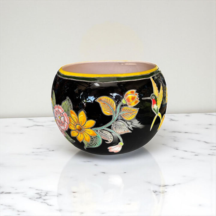 Handpainted Mexican Talavera Round Planter, Black Floral Hummingbird Design – Free Shipping (Contiguous U.S. Only)
