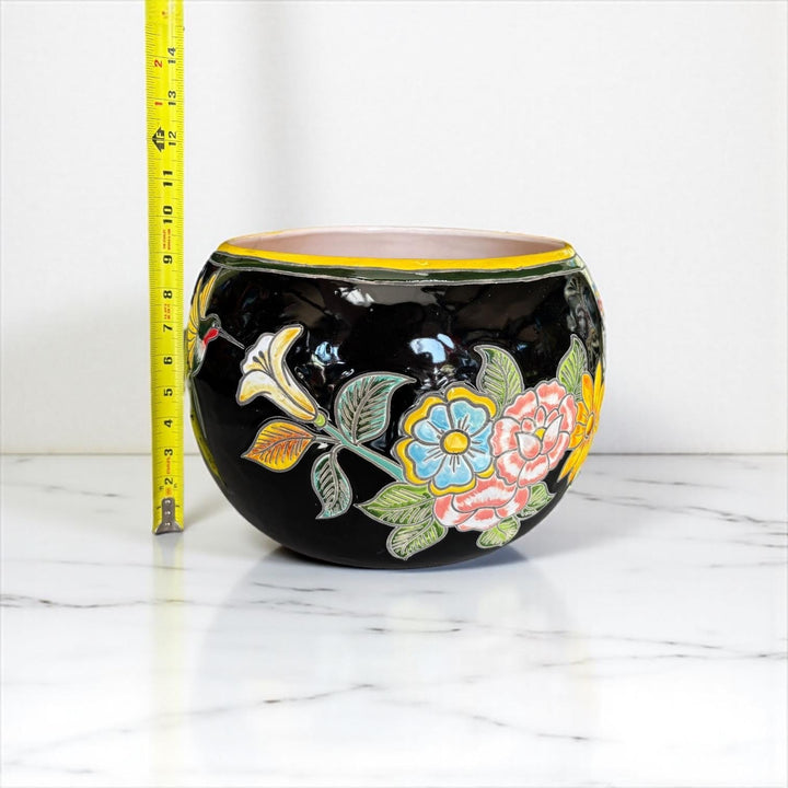 Handpainted Mexican Talavera Round Planter, Black Floral Hummingbird Design – Free Shipping (Contiguous U.S. Only)