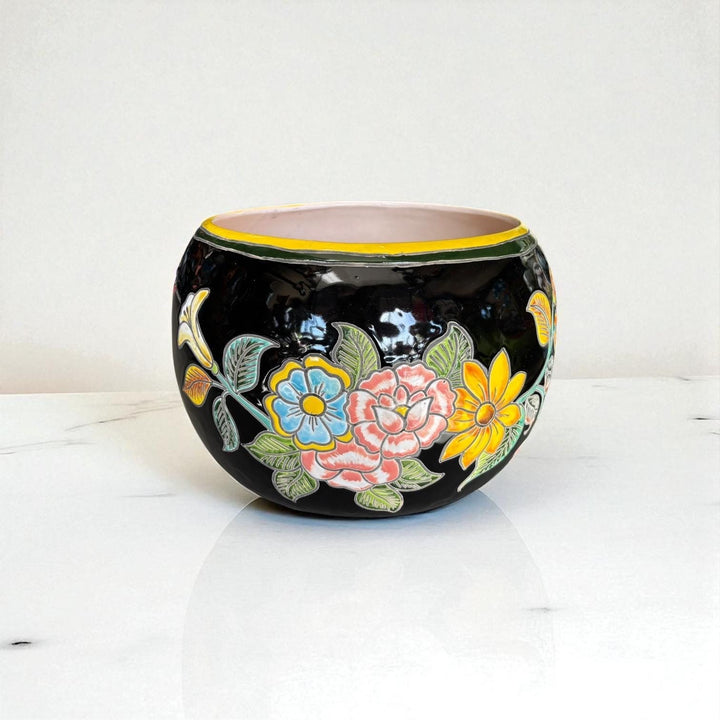 Handpainted Mexican Talavera Round Planter, Black Floral Hummingbird Design – Free Shipping (Contiguous U.S. Only)