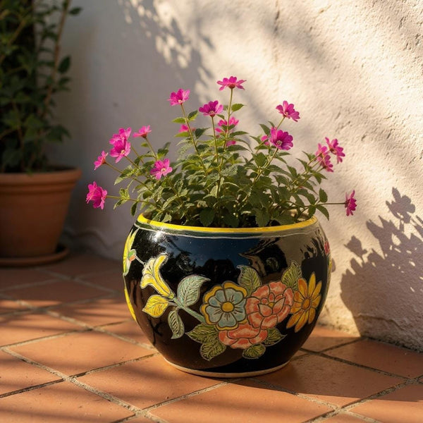 Handpainted Mexican Talavera Round Planter, Black Floral Hummingbird Design – Free Shipping (Contiguous U.S. Only)