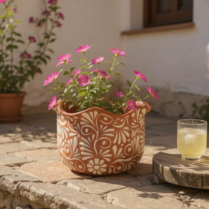Handpainted Mexican Talavera Scalloped Rim Planter Pot, Rustic Brown White Floral Vines, Tabletop Large