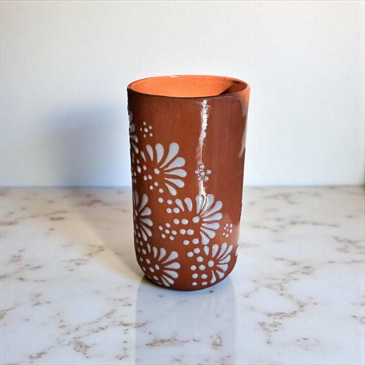 Beautiful Hand Painted Rustic Terracotta Brown & White Talavera Pitcher and 6 Cups Set