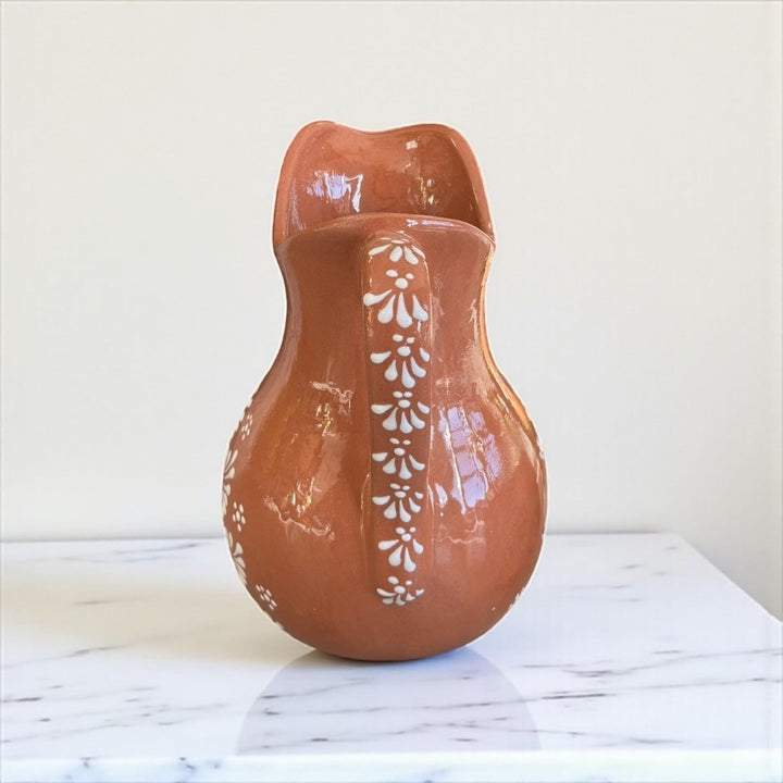 Beautiful Hand Painted Rustic Terracotta Brown & White Talavera Pitcher and 6 Cups Set