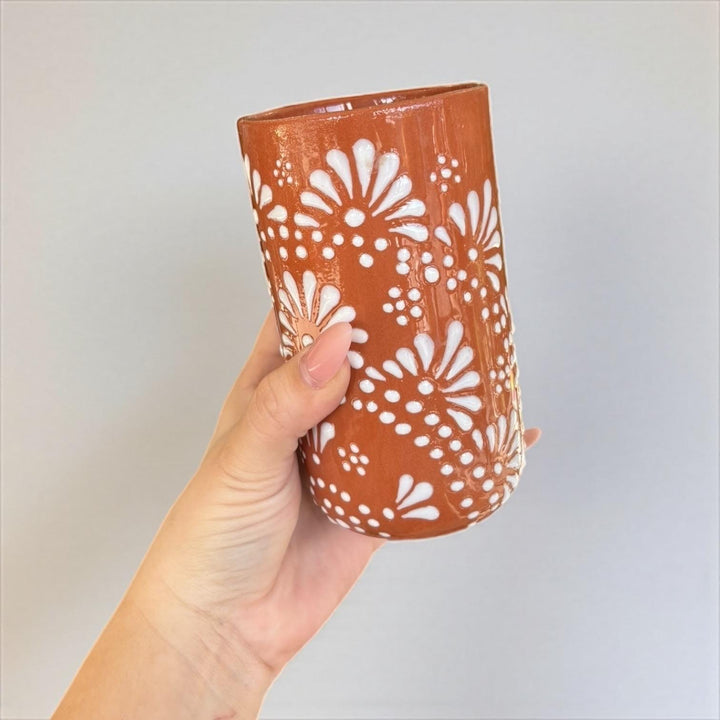 Beautiful Hand Painted Rustic Terracotta Brown & White Talavera Pitcher and 6 Cups Set