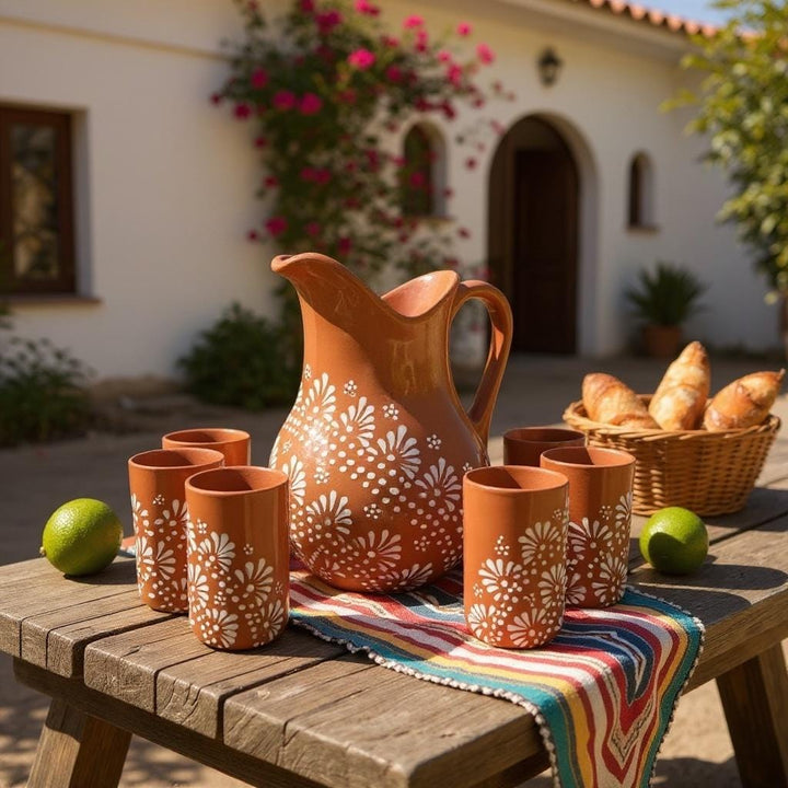 Beautiful Hand Painted Rustic Terracotta Brown & White Talavera Pitcher and 6 Cups Set
