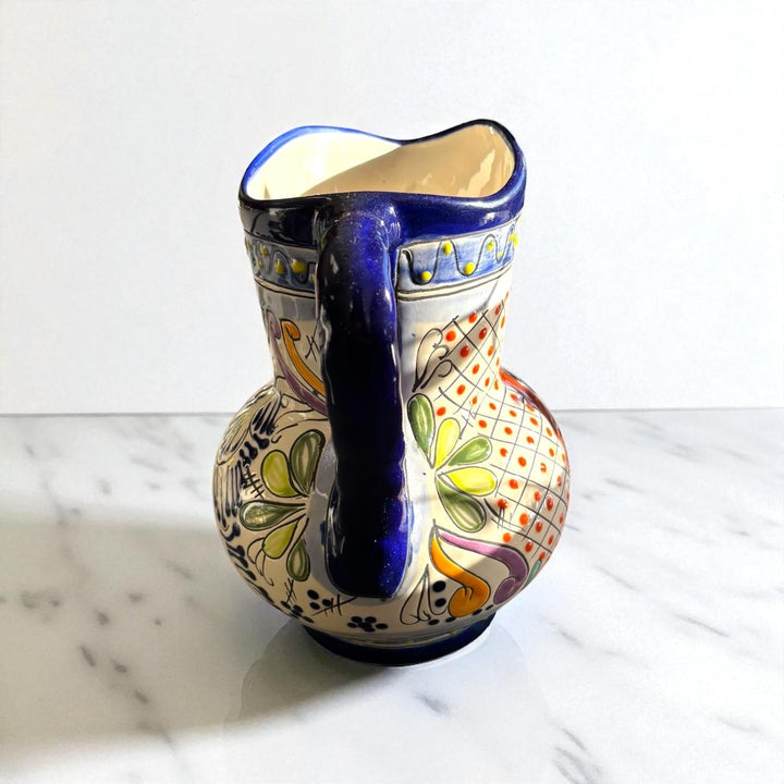 Classic Hand Painted Dark Blue Mexican Talavera Pitcher and 6 Cups Set