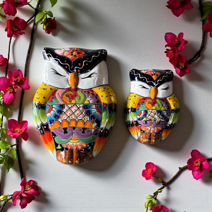 Hand Painted Talavera Mom and Baby Owls Garden Wall Decor – Set of 2