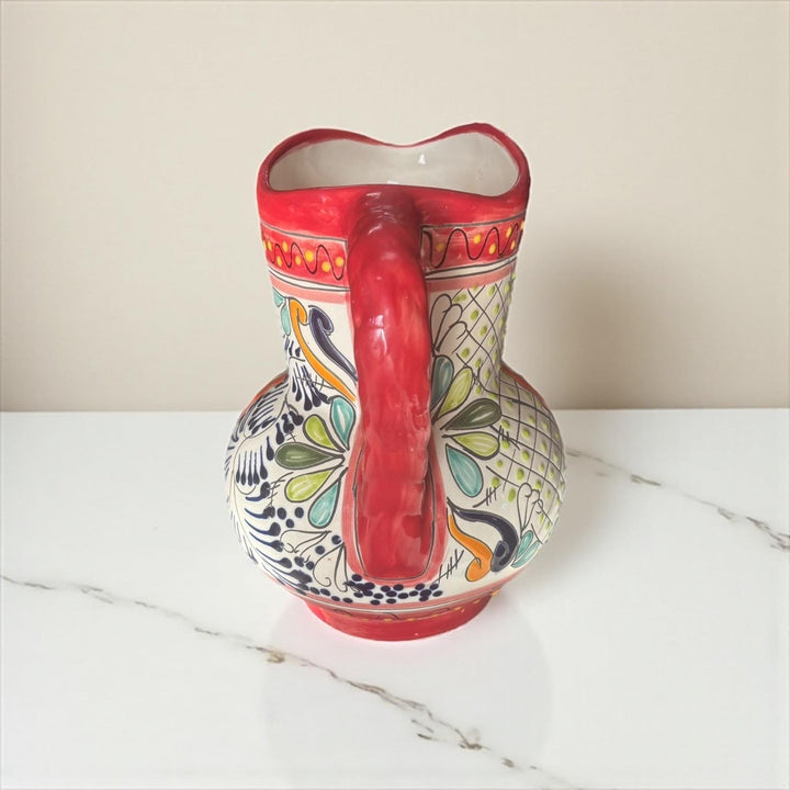 Classic Hand Painted Red Mexican Talavera Pitcher and 6 Cups Set