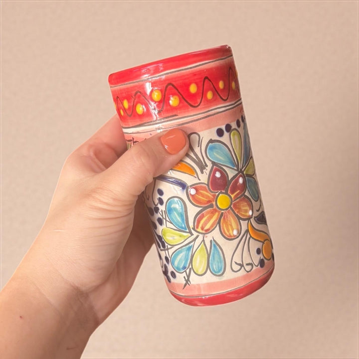 Classic Hand Painted Red Mexican Talavera Pitcher and 6 Cups Set