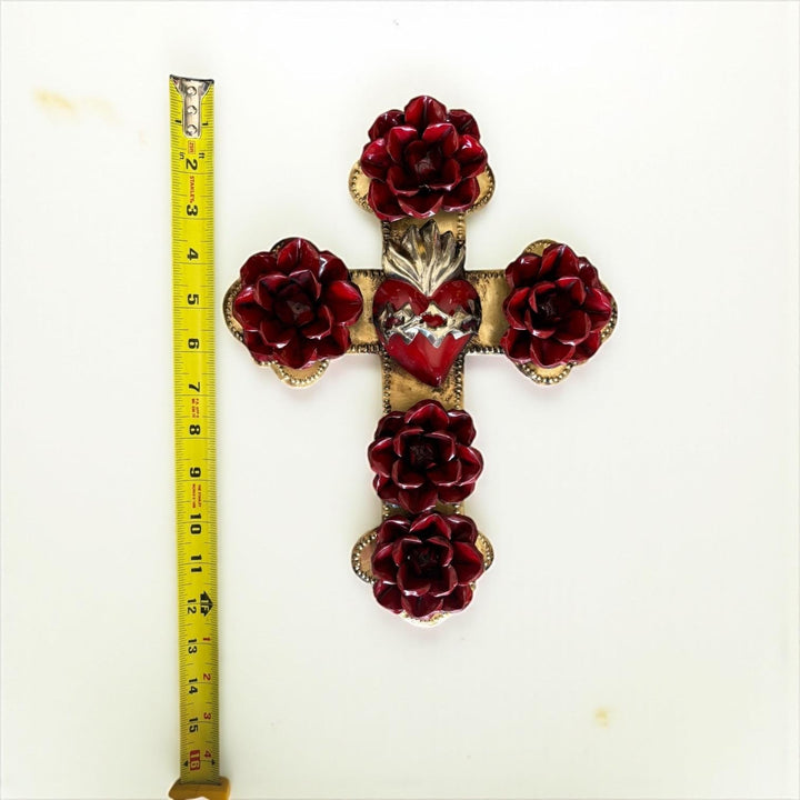 Handmade Mexican Gold & Red Tin Heart Rose Cross Wall Decor (Corazon Sagrado Inspired)