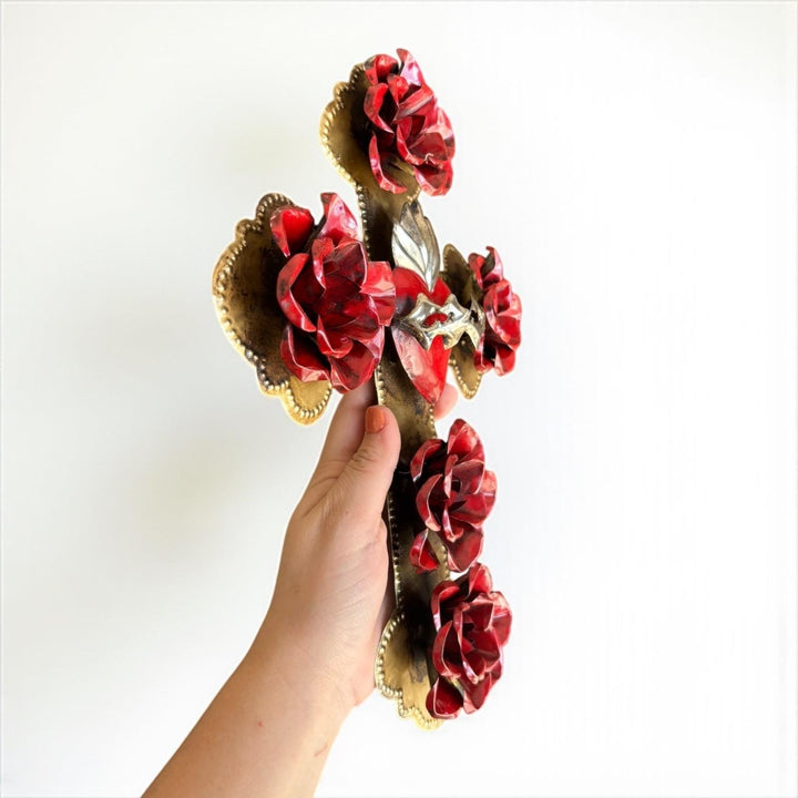 Handmade Mexican Gold & Red Tin Heart Rose Cross Wall Decor (Corazon Sagrado Inspired)