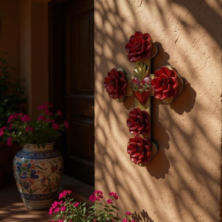 Handmade Mexican Gold & Red Tin Heart Rose Cross Wall Decor (Corazon Sagrado Inspired)