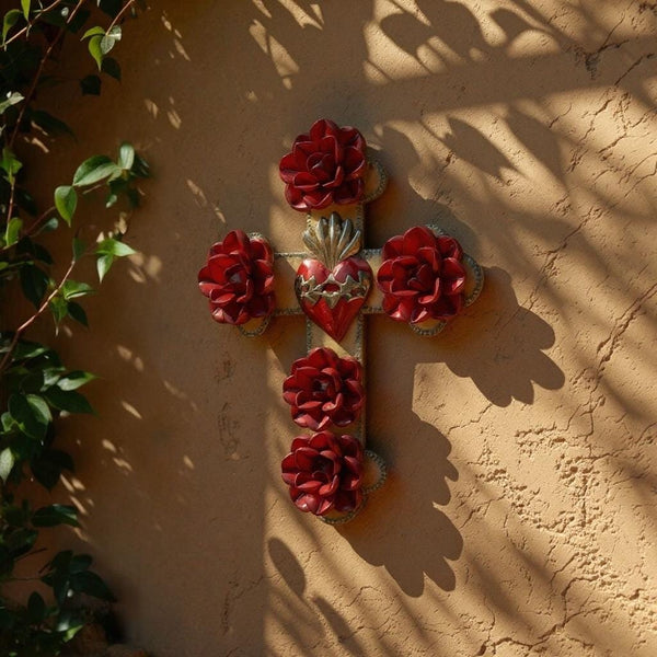 Handmade Mexican Gold & Red Tin Heart Rose Cross Wall Decor (Corazon Sagrado Inspired)
