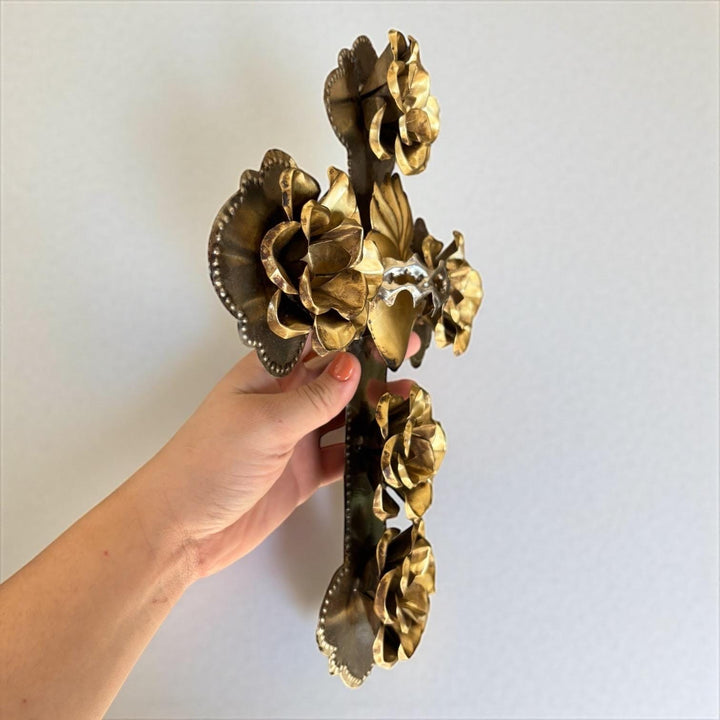 Handmade Mexican Silver & Gold Tin Heart Rose Cross Wall Decor (Corazon Sagrado Inspired)
