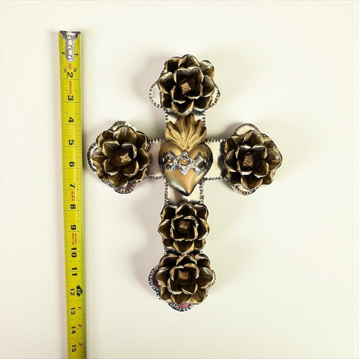 Handmade Mexican Silver & Gold Tin Heart Rose Cross Wall Decor (Corazon Sagrado Inspired)