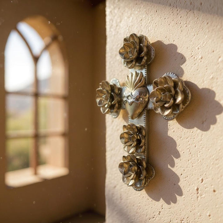Handmade Mexican Silver & Gold Tin Heart Rose Cross Wall Decor (Corazon Sagrado Inspired)