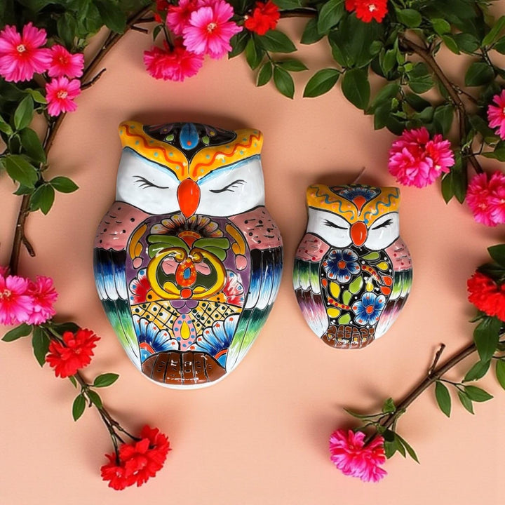 Hand Painted Talavera Mom and Baby Owls Garden Wall Decor – Set of 2
