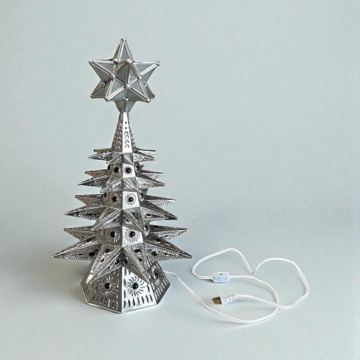 Handmade Mexican Folkart Tin Light-Up Christmas Tree Luminary (Star Topper Color May Vary)