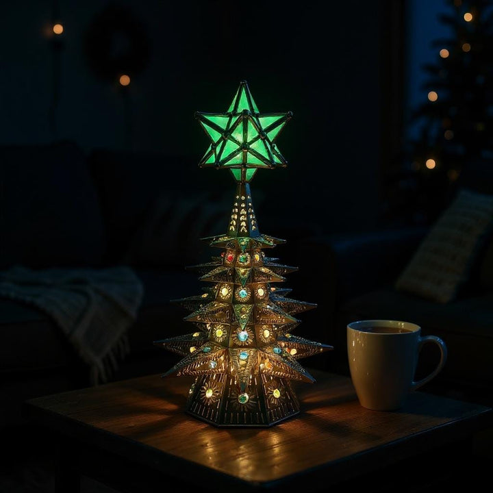 Handmade Mexican Folkart Tin Light-Up Christmas Tree Luminary (Star Topper Color May Vary)