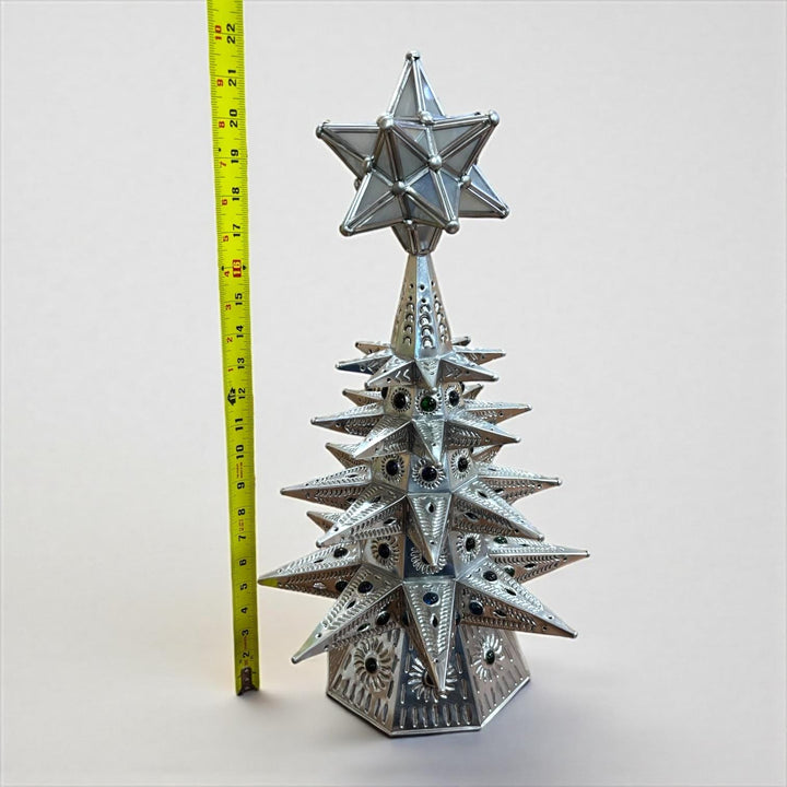 Handmade Mexican Folkart Tin Light-Up Christmas Tree Luminary (Star Topper Color May Vary)