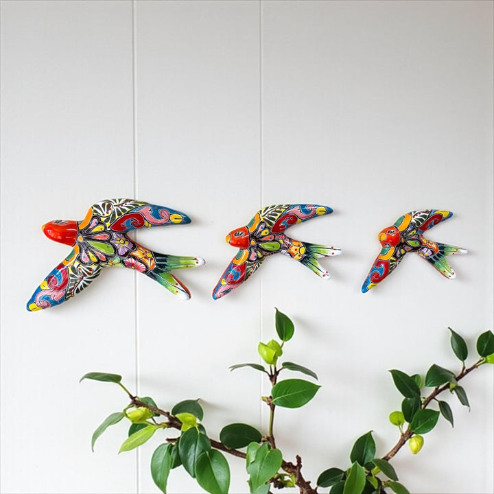 Hand Painted Talavera 3-Piece Swallow Bird Set Garden Wall Decor – Assorted Designs