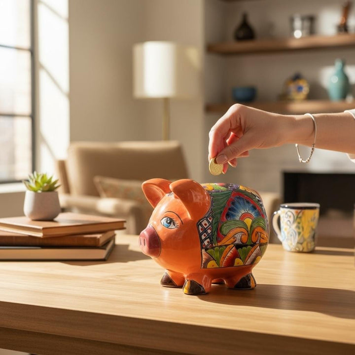 Cute Hand Painted Talavera Coral Piggy Bank Decor (No Stopper Opening)