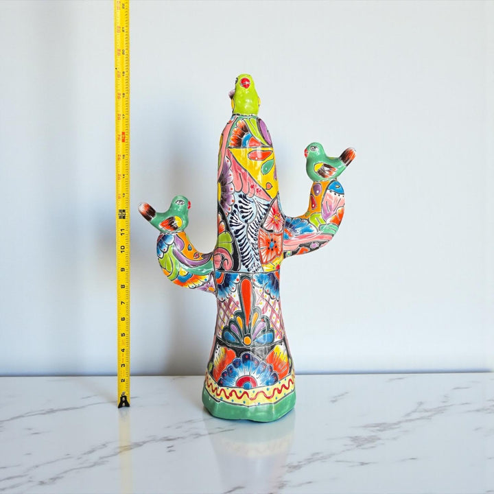 Hand Painted Mexican Talavera Cactus with Resting Birds – Free Shipping (Contiguous U.S. Only)