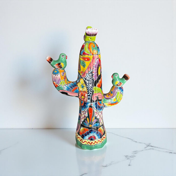 Hand Painted Mexican Talavera Cactus with Resting Birds – Free Shipping (Contiguous U.S. Only)